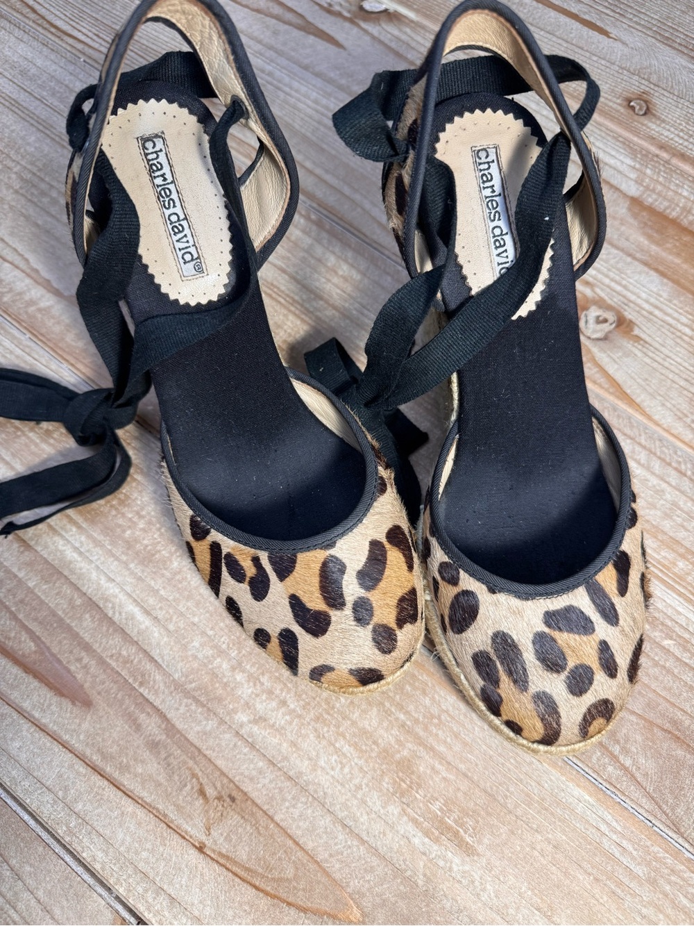 Charles David Leopard Calf Hair Lace-Up Espadrille Wedge Sandals | Size 8